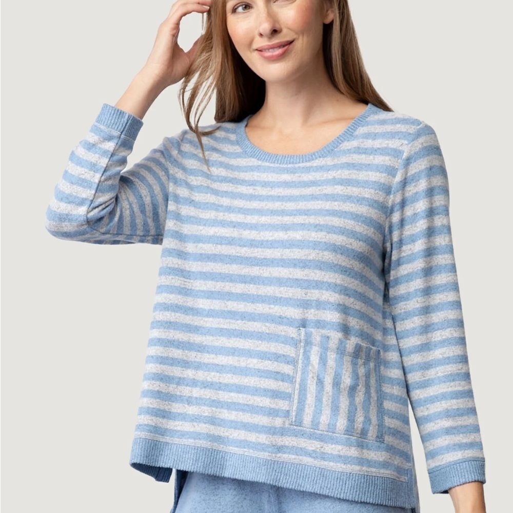 Habitat Women's Super Soft Fleece Stripe Blue Gray Front Pocket Sweater-‎ Meidum
